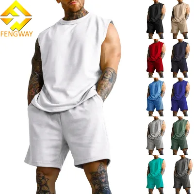 Men's Summer Vintage Sleeveless Sports Suit Street Style Casual Thin Top Solid Color Two-Piece Set Includes Vest