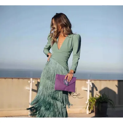 ZHEZHE Autumn New European American Vintage Fashion Set Deep V-Neck Fringe High Waist Tassel Bodycon Dress