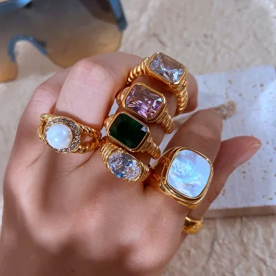 Ins Rectangle Crystal Ring 18K Gold Stainless Steel Colorful Zircon Ring Croissant Twist Finger Jewelry Rings for Women