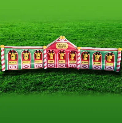 Inflatable Yard Christmas Decoration Cheap 7m Long Blow up Oxford Santa's Reindeer Stable with Led and Blower