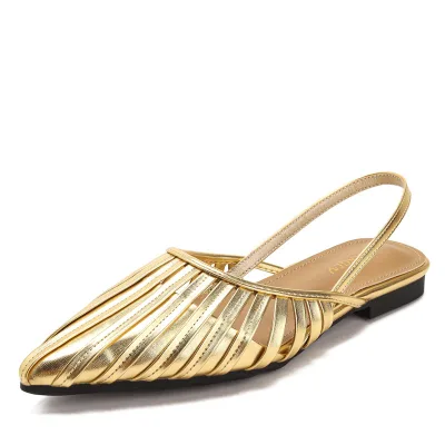 Pointed-toe Open-back Sandal, New Vintage Striped Flat Roman Shoe with Back Strap