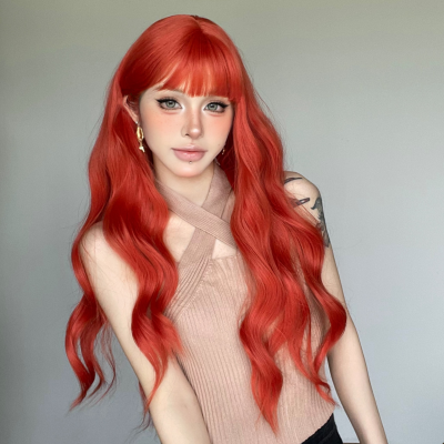Hot-Selling High Temperature Wire Red Dirty Orange Straight Bangs Long Hair Big Wave Curly Hair Women's Wig