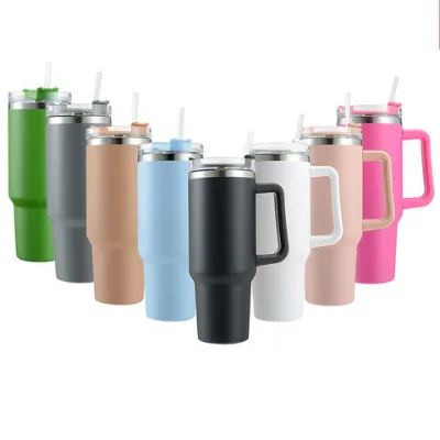 Car cup with handle, large capacity, thermos cup, 304 stainless steel straw cup, car water cup
