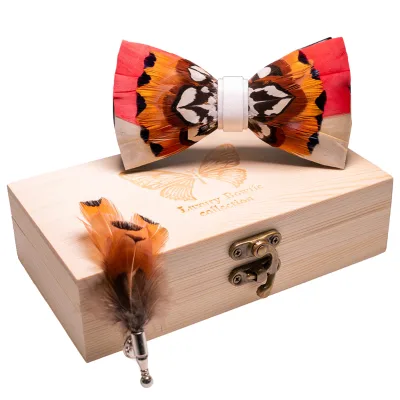 Original Design Men's Feather Bowtie Red Yellow Handmade Butterfly Leather Bowtie Pin Set with Gift Box Wedding Suit Accessories