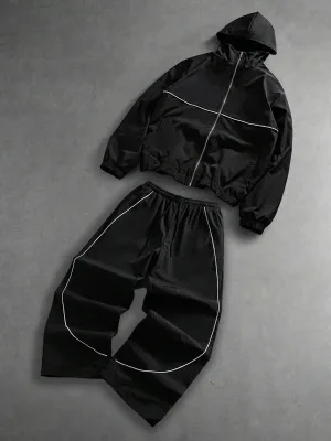 Custom High Quality 450 Gsm Streetwear Set Zip up Oversized Wide Leg Reflective Piping Black Tracksuit for Men