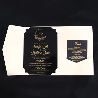 Modern Carte Invitation Marriage Black Acrylic Wedding Invitation Card With Tri Fold Pocket Fold Wedding Invitation Card