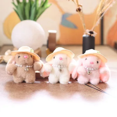 Cute Cartoon Bunny Plush Keycahins Mini Soft Fluffy Stuffed Animal Toy Rabbit Bag Charm Pendant with Heart and Pearl Girl Gift