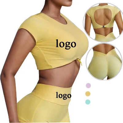 Short Sleeve Hollow Out Yoga Set Soft Srunch Butt 2 Piece Yoga  Outfit With Buckle High Waist V Cross Yoga Shorts Set for Women