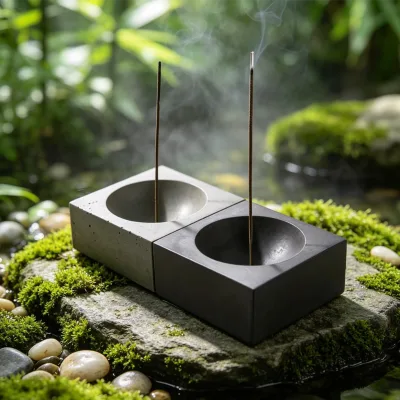 Wabi Sabi Dual Square Concrete Incense Stand for Tea Room & Outdoor Courtyard Two Tone Split Dual Slot Concrete