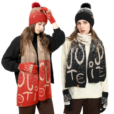 Winter Knitted Women's Jacquard Thickened Imitation Mink Fur Scarf, Hat and Gloves Three-piece Set