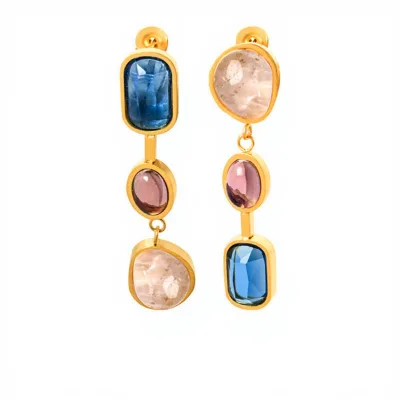 Fashion Women's Personalized Asymmetrical Gemstone Inlay Color Earrings, Stainless Steel Earrings, Factory Wholesale