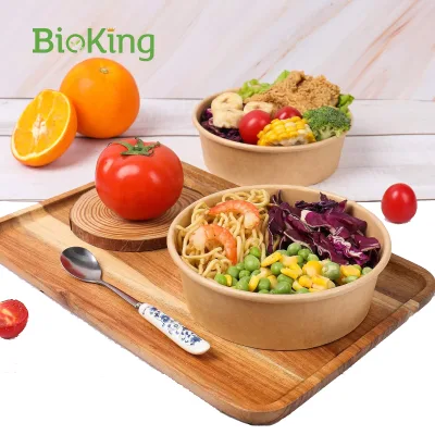 BioKing Chinese New Design Take Out Paper Salad Bowl Custom Print Logo Heatable Waterproof Round Food Salad Container Bowls