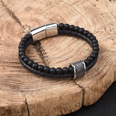 New Arrived High Quality Natural Stone Bead Men's Black Braided Leather Engraved Name Stainless Steel Bead Bracelet