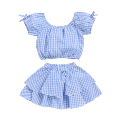Hot Style Summer Dress Girls Suit Short Sleeve Plaid Blouse and Short Skirt Two Piece Set Girl Dress Set