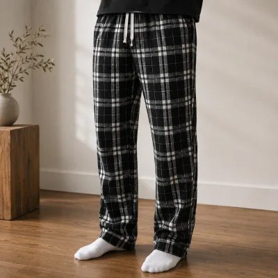 Nanteng Custom Factory Lightweight Mid Polyester Cotton Blend Casual Classic Black White Plaid Print Drawstring Wide Leg Men'S