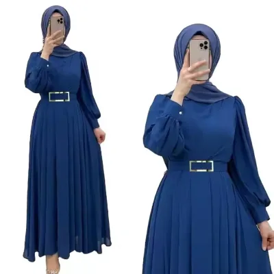 Latest Abaya Designs Luxurious Plain High Waist Slim Fit With Belt and Chest Cross Design Muslim Woman Dress