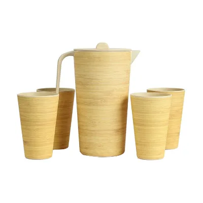 KINGWELL 5-Piece Eco-Friendly Bamboo Fiber Jug and Coffee Cup Set with Asian Zen Design