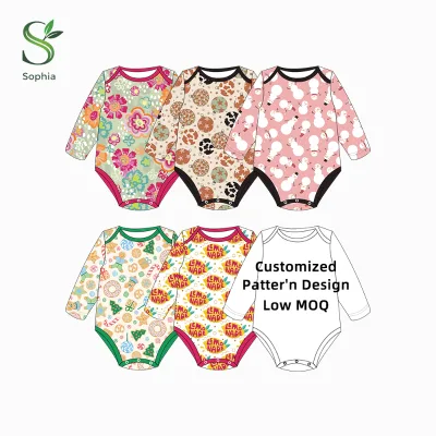 Factory Supply Crew Neck Buttons Romper Long Sleeve Floral Disty Print Bamboo Fiber Baby Bodysuit Low MOQ