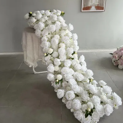 OEM Factory Low Price High Quality White Rose Lower Runner Silk Flower Table Runner for Wedding Decoration
