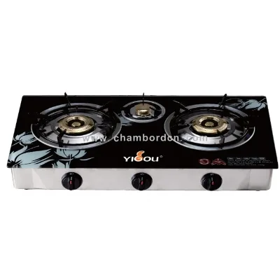 Black Floral Pattern Tempered Glass Triple Burner Gas Cooktop with Energy-Saving Feature for Outdoor and Household Use