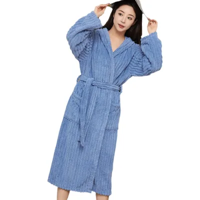 Three-Dimensional Striped Thick Coral Fleece Quick-Drying Long Nightgown for Adults Microfiber Material Bathrobe for Home Hotel