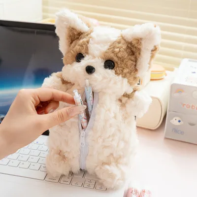 Cute Corgi Dog Cartoon Puppy Plush Fabric Pen Bag Large Capacity Girl Stationery Portable