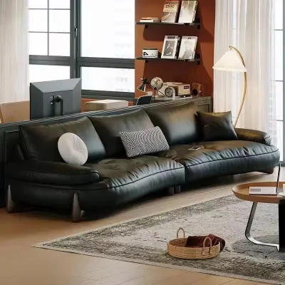 Modern Retro Curved Sofa Set Deep Piano Keys Black Leather for Living Room Small Apartment Luxury Style Wood & Fabric Material