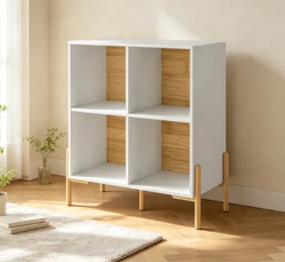 2*2 Lattice Modern Bookcase for Living Room & Bedroom Natural Finish with Bamboo Legs