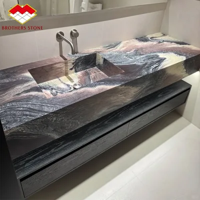 Modern Landscape Purple Marble Wall-Mounted Eco-Friendly Bathroom Vanity with Stone Sink for Home Villa Hotel