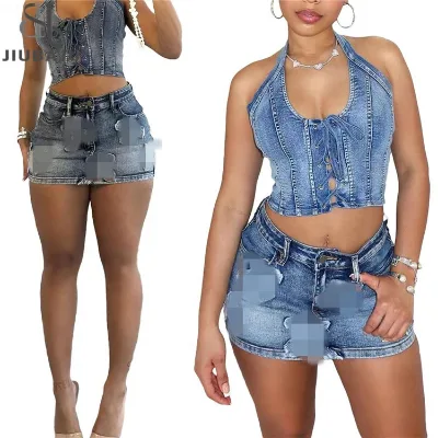 2024 Summer Denim Women's Set Sleeveless Halter Tops and Bodycon Mini Skirts Suit Two 2 Piece Sets
