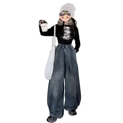 Children's Clothing Girls' Wide-Leg Pants Set Trendy Cool Jeans for Kids Street Dance Outfit Girls Clothing Girl Baggy Jeans