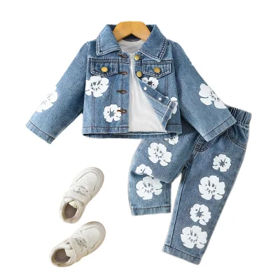 Spring 2026 Women's Children's Clothing: Washed Water Buffalo Denim Floral Print V-Neck Jacket and Denim Pants Set for
