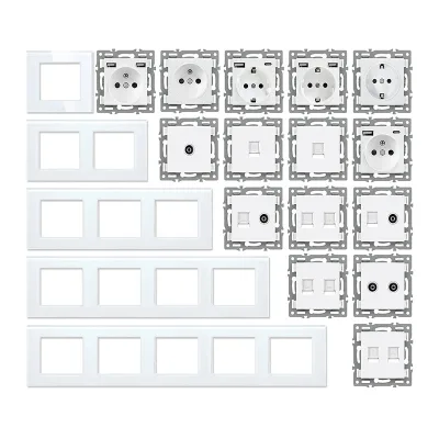 52mm Modular Switch Function Key White Tempered Glass Panel DIY Combination Wall Module AC110-250V 10A/16A Home Office