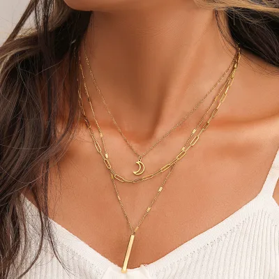 Jewelry 18K Gold Plating Moon Pendant Multi Layer Personality Stainless Steel Clavicle Chain Women Necklace