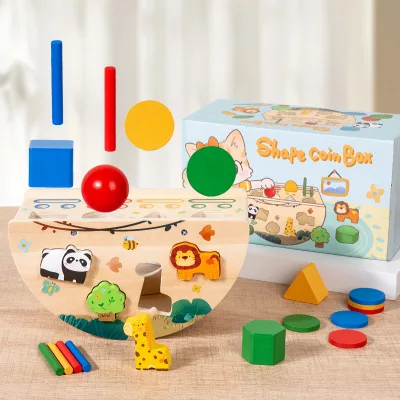 Montessori Safe Wooden Educational Toy with Coin-Drop Number & Shape Matching-Multifunctional Teaching Box Bag for Ages 5-12