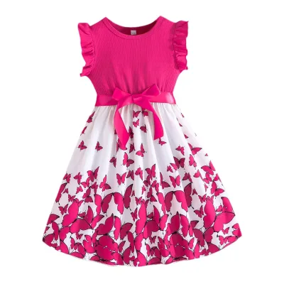 Summer Girls' New Butterfly Print Patchwork Solid Color Pit Stripe Sleeveless Skirts With Belt