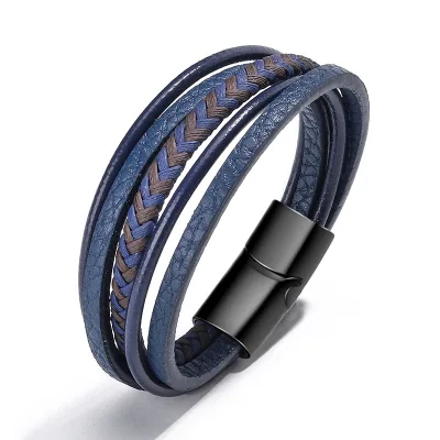 Black Magnetic Buckle Blue Braided Leather Bracelet