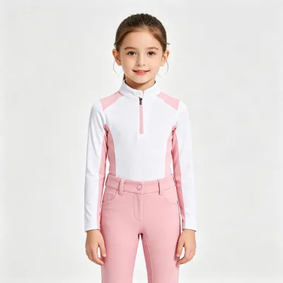 Women Pink Equestrian Riding Set Slim Luxury Quarter-Zip Shirt Silicone Grip Breeches Horse Training Competition Wear OEM Custom