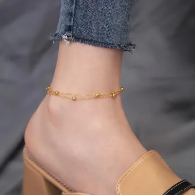 Simple Titanium Steel Colorless Double Layer Transfer Bead Stainless Steel Anklet Non Tarnish Anklet Bracelet Foot