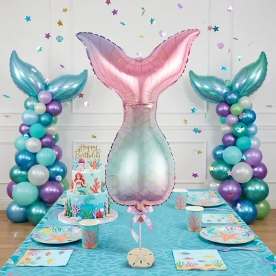 Hot Stamping and Embossed Three-dimensional Design Mermaid Tail Aluminum Foil Balloons Girls' Ocean Birthday Themed Party Decor