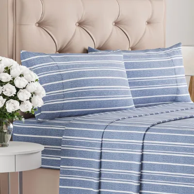 Queen Size 4 Piece Kids Sheet Set-Breathable & Cooling Polyester Sheets 200TC Deep Pocket-Blue Stripes Oeko-tex