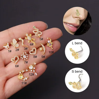 New Fashion Gold Silver Stainless Steel Nose Ring Heart Moon Butterfly Zircon Screw Nose Stud Nose Piercing Jewelry