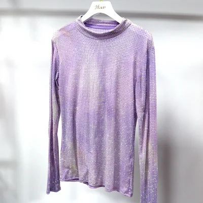 T145 Tulle Fabric Sexy Mesh Top Long Sleeves Bling Diamond Tank Top Printing Glitter Crystal T Shirt Tops