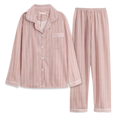 RY Women Top Long Pant Nightshirt Women Pajama Set Solid Color Stripes Pyjama Set Long Sleeve Sleepwear