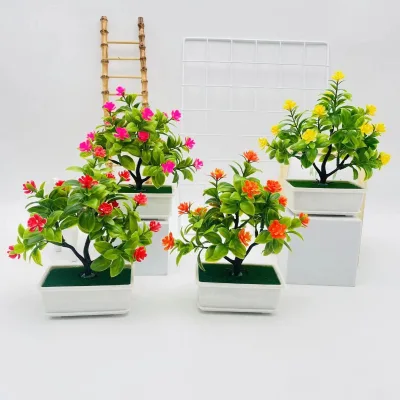 Mini 14 Tea Rose Tree Bonsai Simulated Square Basin Ornaments for Wedding Living Room TV Cabinet Fake Flower Potted Thanksgiving