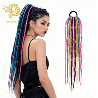 Bohemian Reggae Colorful Dreadlock Ponytail Hair Extensions High Temperature Fiber Beaded Braided Ponytail