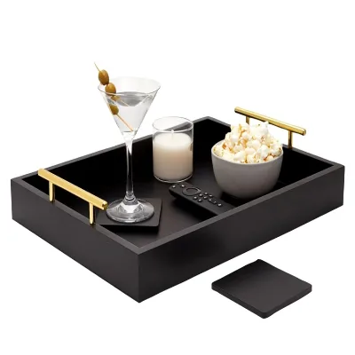 Black Rustic Wooden Decorative Ottoman Platter Kitchen Wooden Serving Food Tray with Handles