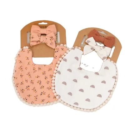 New Baby Printing Drooling Towel Double Gauze Baby Cotton Bibs Bow Headband Sets for Baby and Girl