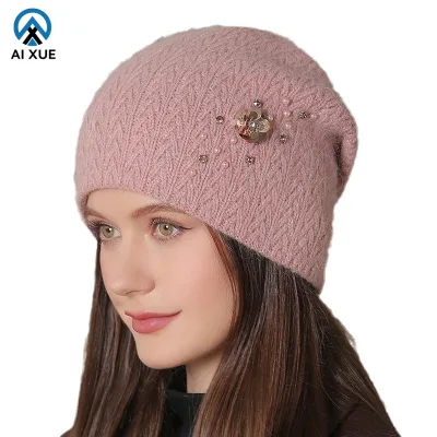 Custom Designer Beanie Cap for Ladies Winter Warm Rabbit Fur Hat Diamond Flower Embroidery High Quality Acrylic for Travel