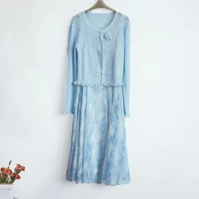 2025 Summer Collection New Women's Fresh Print Two-piece Dress Set A-line Silhouette Button Weaving